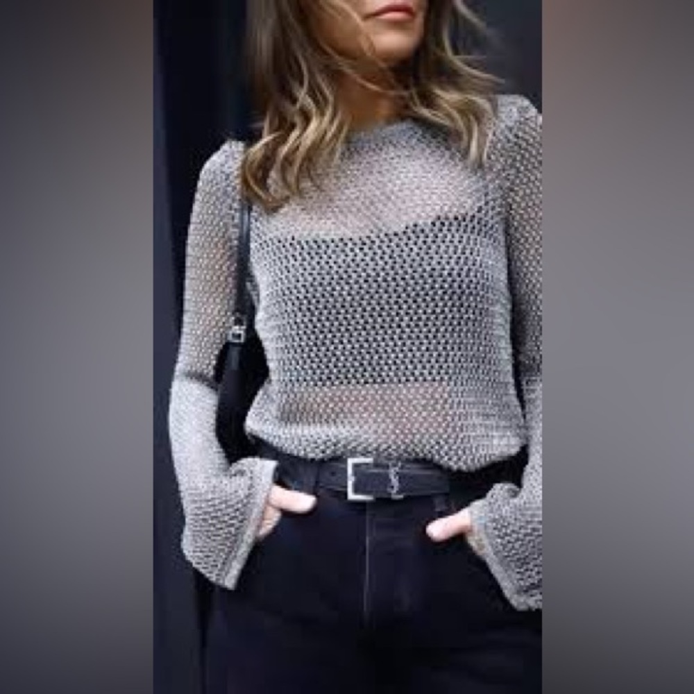 INC International Concepts Light Gray Open-Weave Crewneck Sweater